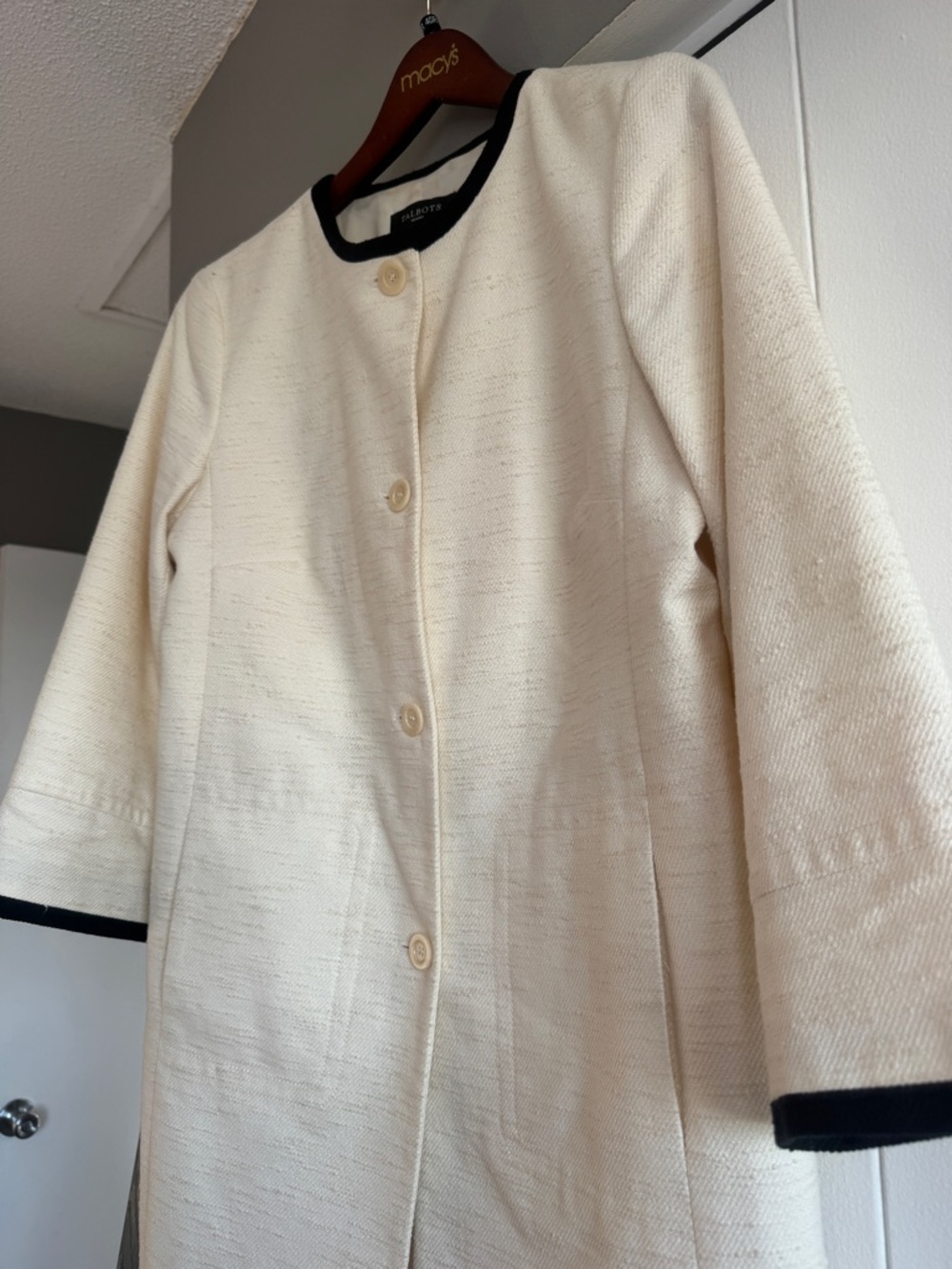 TALBOTS Petites Cream & Black Contrast Trim Spring Coat Old Money Aesthetic - Picture 7 of 9